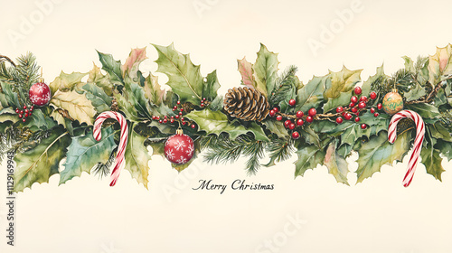 Festive christmas watercolor background with fir branches and cones, Christmas and new year post card