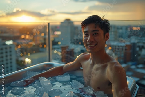 A young Asian athlete sits in an ice bath on a high-rise balcony. The sprawling cityscape behind glows in the soft evening light, with long shadows creating a serene yet dynamic atmosphere.