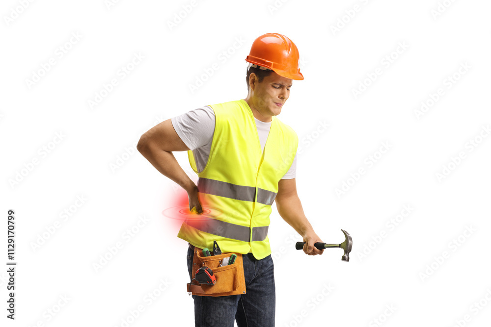 Construction worker with a back pain holding a hammer Construction worker with a back pain holding a hammer