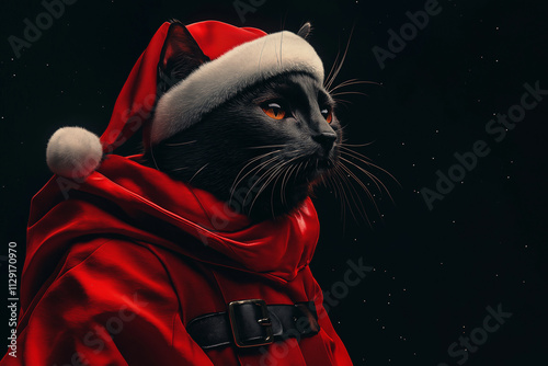 A black cat in a modern Santa costume with sleek design, mysterious yet festive vibe. photo