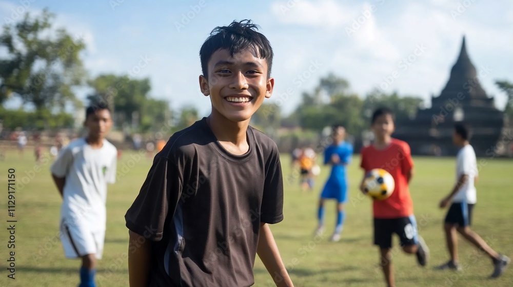 Fototapeta premium Smiling boy playing soccer with friends on field near ancient temple.