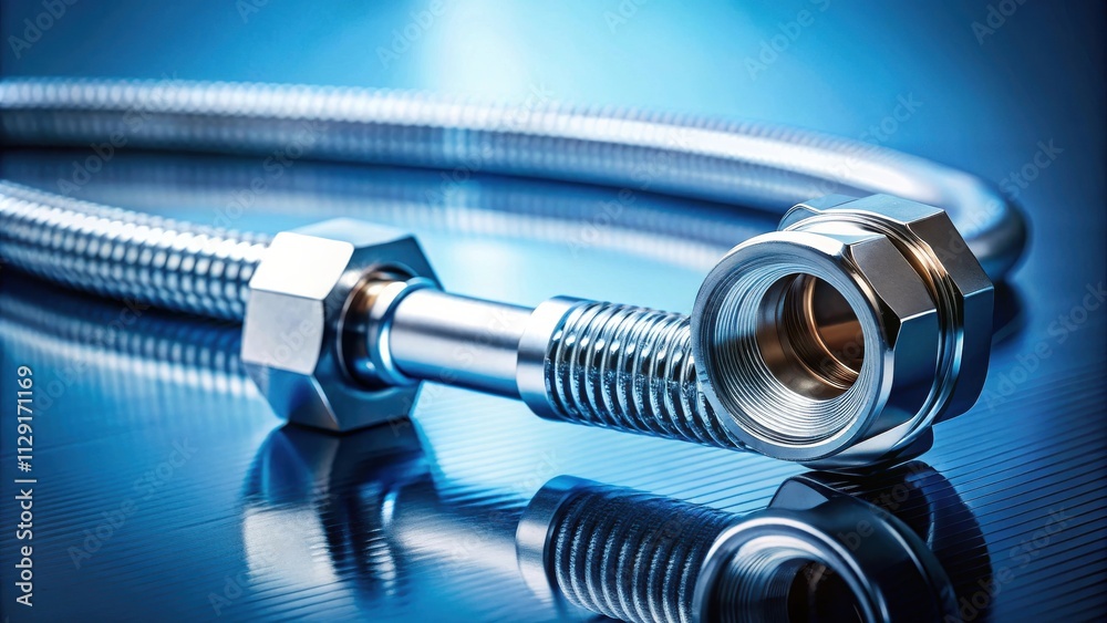 Close-up of a shiny, silver flexible pipe connector with a threaded end against a blue reflective background Close-up of a shiny, silver flexible pipe connector with a threaded end against a blue reflective background