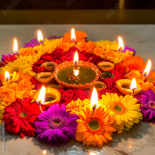 Diwali, known as the festival of lights, is joyfully celebrated with glowing diyas, elaborate floral designs photo