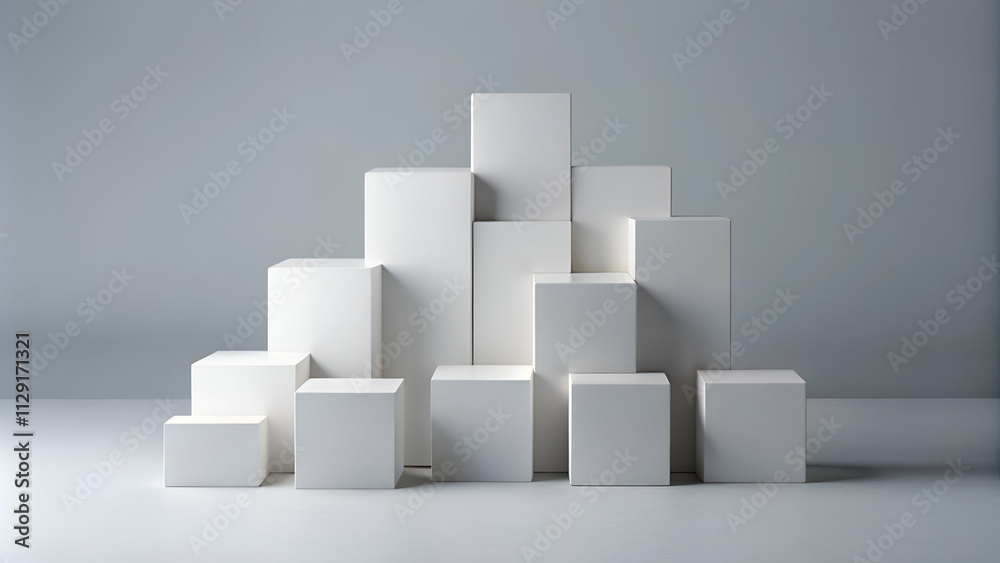Minimalist arrangement of white cubes in varying sizes, creating a modern geometric composition on a light background. Minimalist arrangement of white cubes in varying sizes, creating a modern geometric composition on a light background.