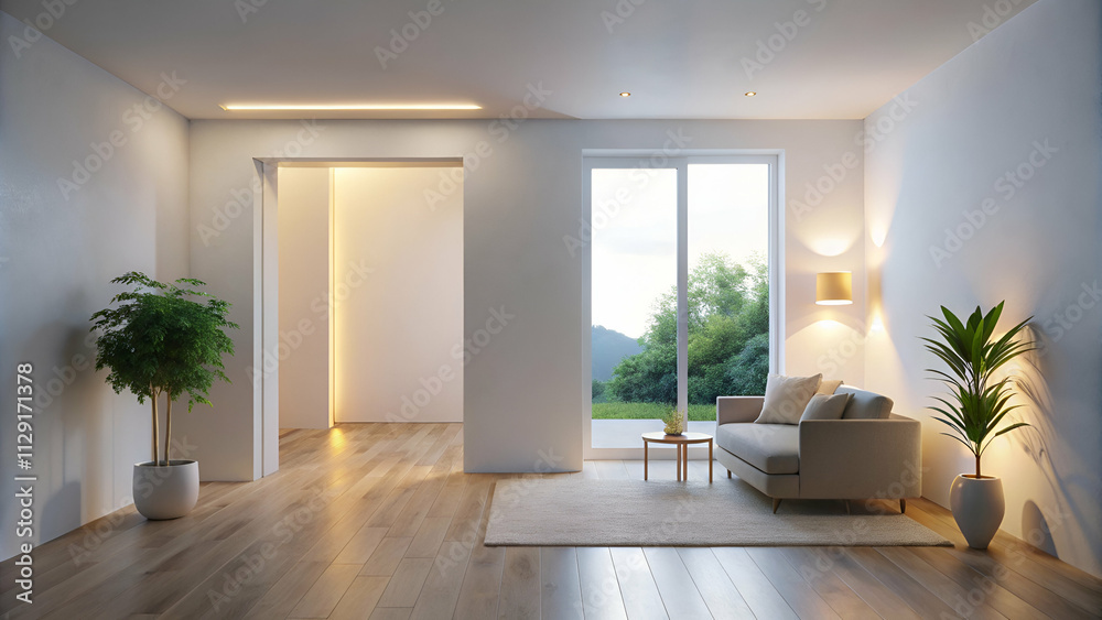 Obraz premium A modern, minimalist living room featuring a sofa, plants, and large windows with natural light streaming in.