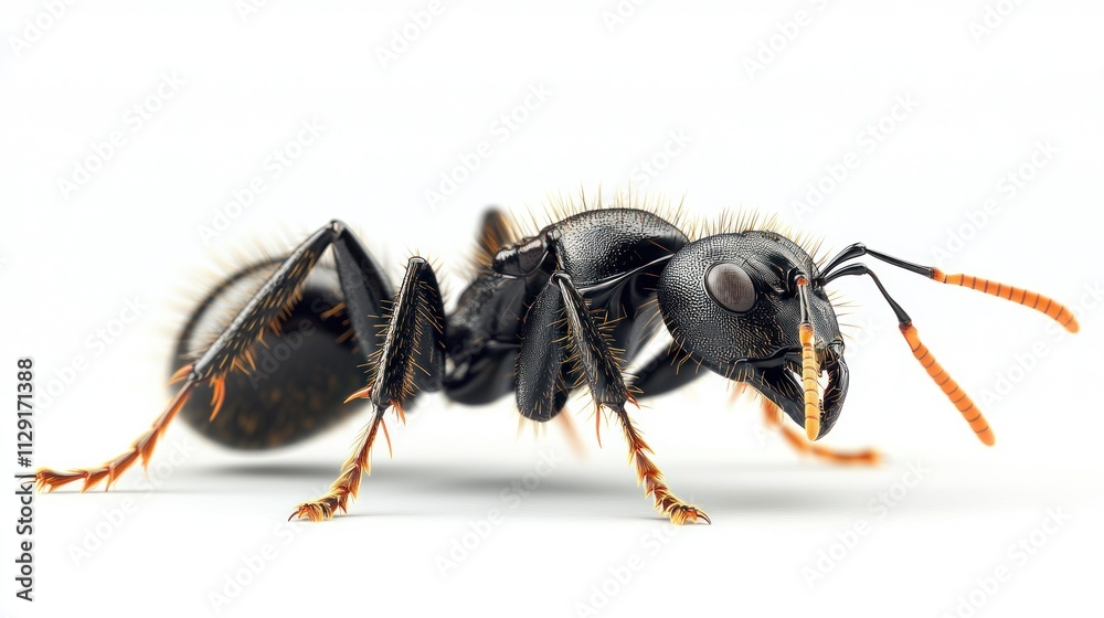 A single black ant, highly detailed with visible body segments and legs, isolated against a clean white background A single black ant, highly detailed with visible body segments and legs, isolated against a clean white background