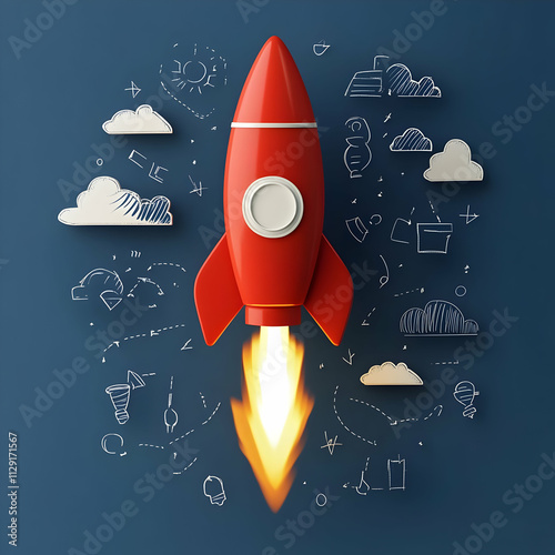 Red Rocket Launch 3D Illustration