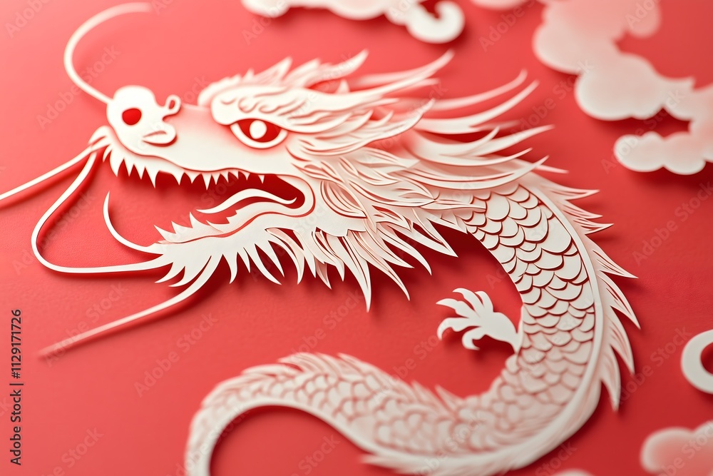 Paper cut illustration of a white chinese dragon on a red background Paper cut illustration of a white chinese dragon on a red background