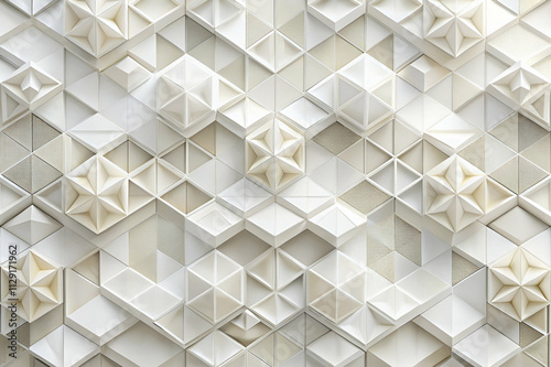 Textured geometric patterns in neutral tones featuring 3D shapes and varying depths create a modern visual appeal.