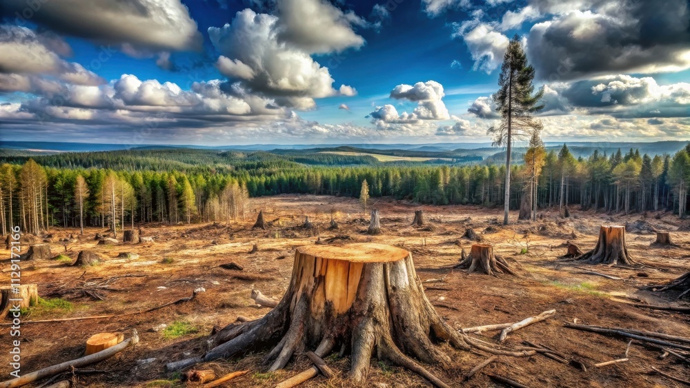 A solitary tree stands tall amidst a field of stumps, a stark reminder of the impact of deforestation on the once-thriving forest A solitary tree stands tall amidst a field of stumps, a stark reminder of the impact of deforestation on the once-thriving forest