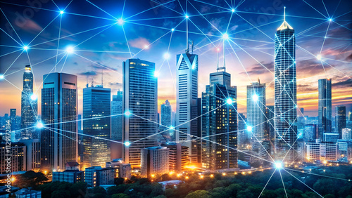 Wallpaper Mural A futuristic city skyline illuminated with network connections, showcasing technology and urban development at sunset. Torontodigital.ca