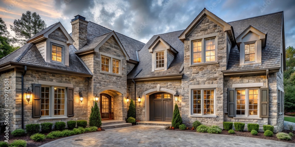 A stately stone home with a welcoming entrance, illuminated by soft evening light, showcasing intricate architectural details and manicured landscaping. A stately stone home with a welcoming entrance, illuminated by soft evening light, showcasing intricate architectural details and manicured landscaping.