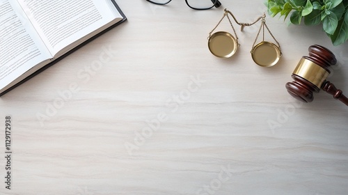 Top view of judge's gavel, scales, book, glasses & plant on wooden desk. photo