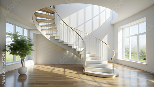 Modern spiral staircase in a bright  airy space with large windows and wooden flooring  featuring a potted plant for added greenery.