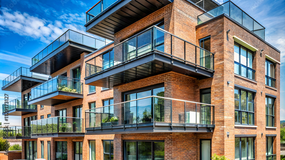 Fototapeta premium Modern brick apartment building with large windows and balconies under a blue sky with clouds.