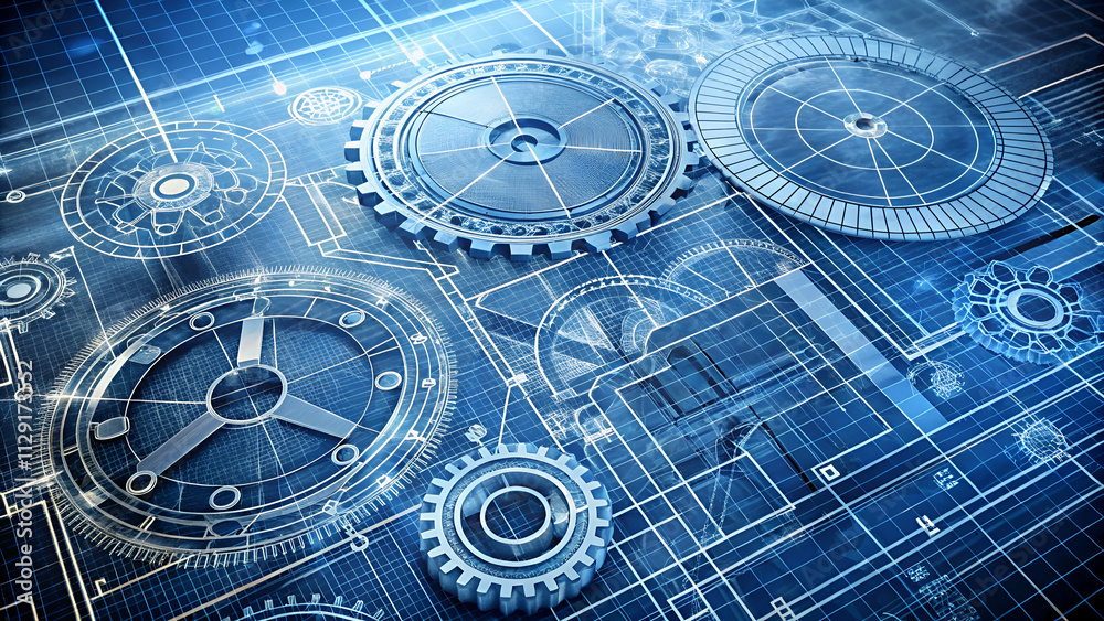 Fototapeta premium Digital illustration of interconnected gears and technical schematics, symbolizing engineering and innovation in a modern technology context.