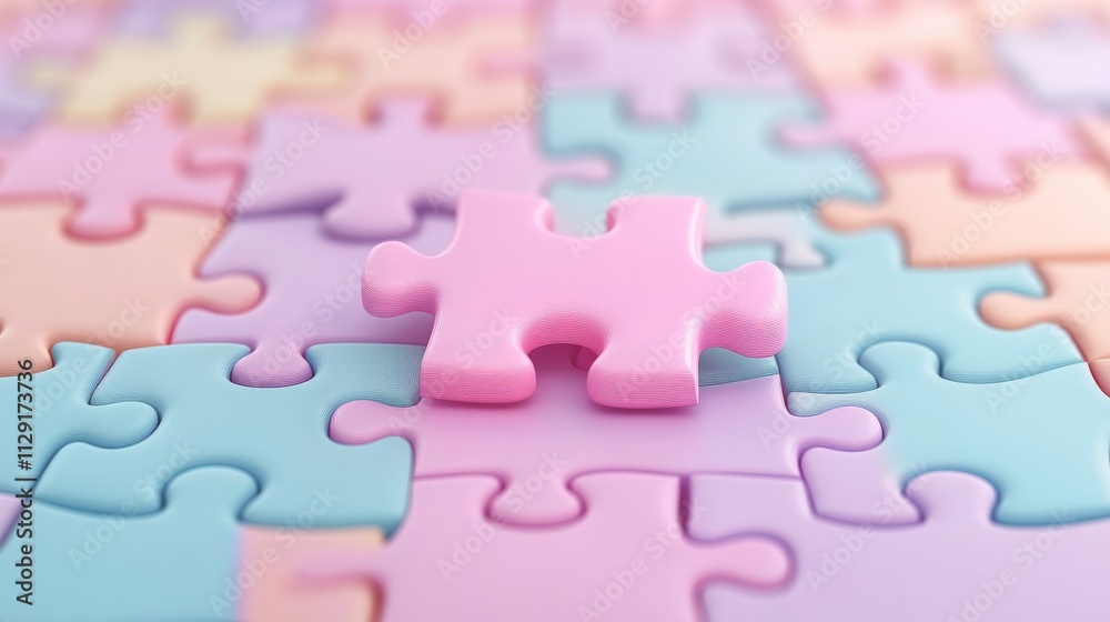 The Missing Piece: A single pink puzzle piece stands out against a backdrop of pastel-colored puzzle pieces, symbolizing the importance of finding the right fit and completing the whole. The Missing Piece: A single pink puzzle piece stands out against a backdrop of pastel-colored puzzle pieces, symbolizing the importance of finding the right fit and completing the whole.