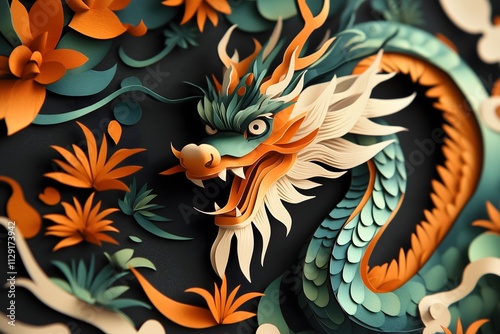 A paper cut illustration of a green, orange and white chinese dragon
