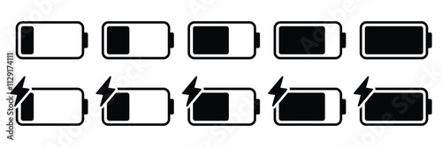Set of low to full battery icons with charging sign. Battery icon. Vector Illustration.