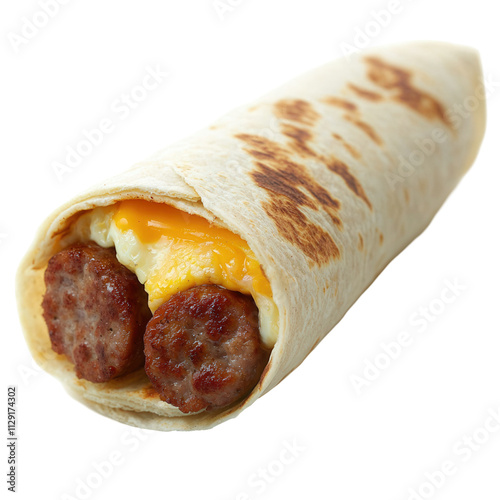 Delicious breakfast burrito with sausage transparent background close-up food