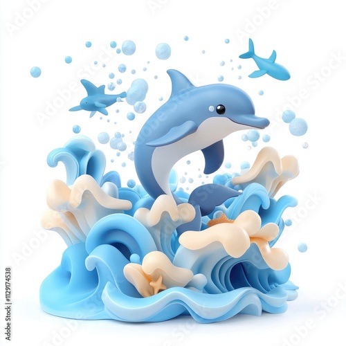 Playful Dolphin Surrounded by Colorful Waves and Bubbles photo