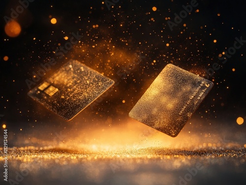Two shimmering gold credit cards floating amid sparkling particles, creating a luxurious and dynamic financial theme. photo