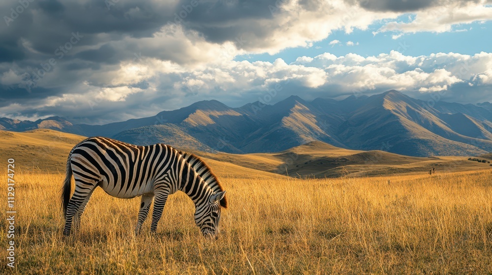 Fototapeta premium grazing zebra in the savannah with mountains in the background