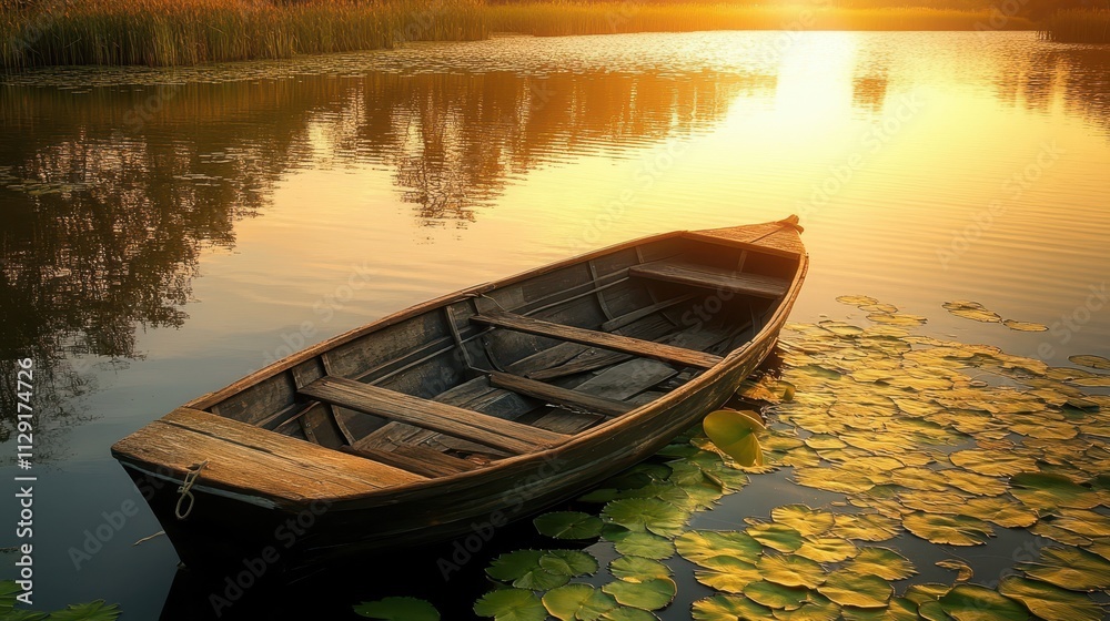 Obraz premium old wooden rowboat surrounded by lily pads on a serene lake