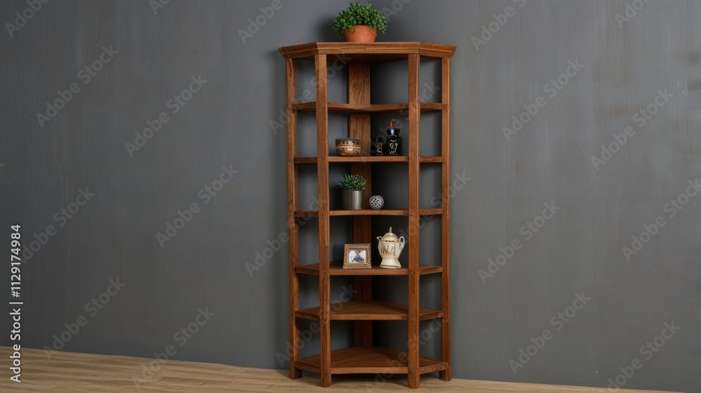 Obraz premium Corner shelving unit with multiple shelves, ideal for displaying decorative items.