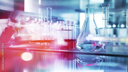 A vibrant laboratory scene featuring glassware, including test tubes and a flask, illuminated with colorful lighting, showcasing a scientific environment.
