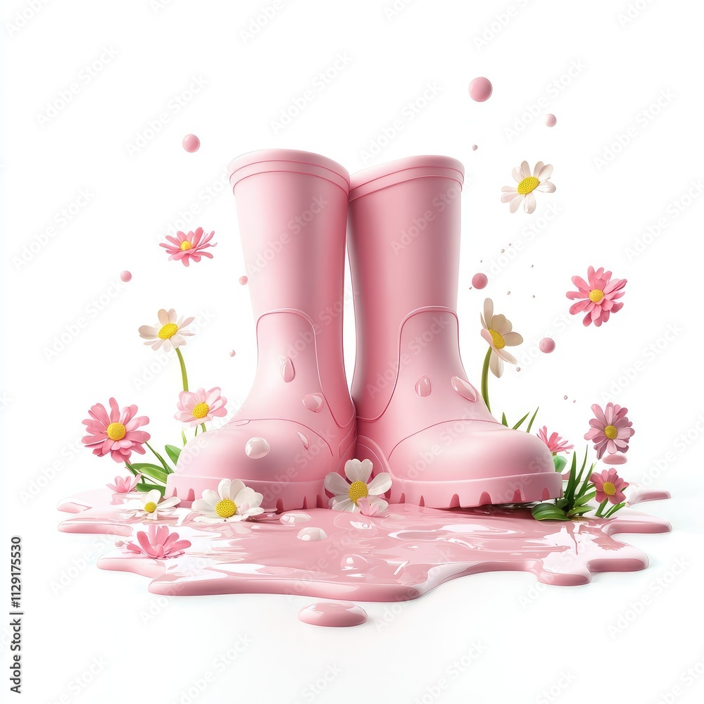 Charming Pink Rubber Boots Surrounded by Blooms and Soft Splashes Charming Pink Rubber Boots Surrounded by Blooms and Soft Splashes