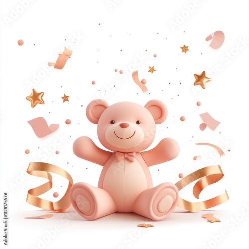 Cute 3D teddy bear surrounded by festive decorations and confetti