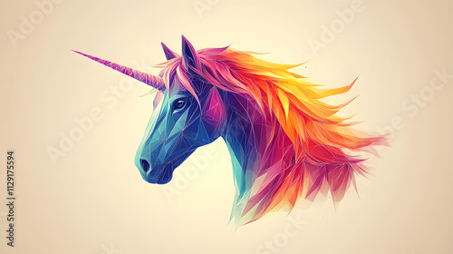 A bold, graphic design-style illustration of a unicorn’s head, outlined in sharp, geometric shapes, with a gradient rainbow-colored mane and a simple, flat background to create a modern, artistic look photo