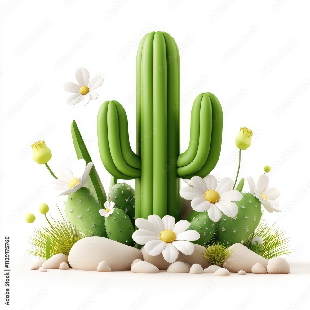 Obraz premium Vibrant Cactus with Flowers and Stones in a Modern Design