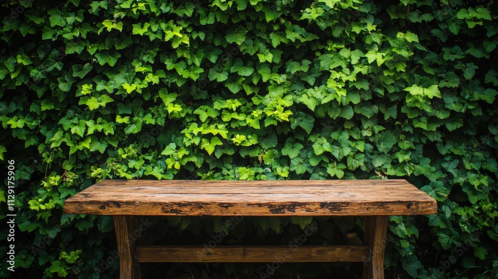 wooden table in front of lush green foliage wooden table in front of lush green foliage