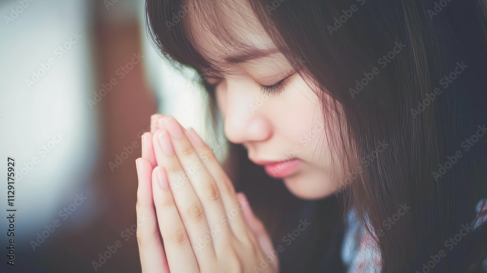 Young woman in prayer with hands clasped deep in thought Young woman in prayer with hands clasped deep in thought