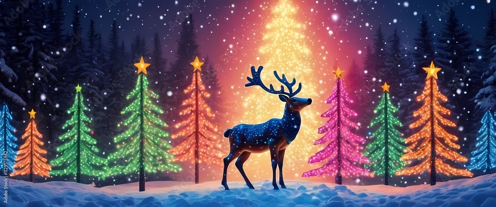 A cheerful reindeer stands in a snowy forest under glowing stars, creating a magical holiday scene A cheerful reindeer stands in a snowy forest under glowing stars, creating a magical holiday scene