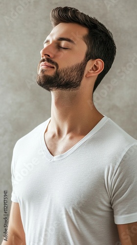 Calm man with closed eyes enjoying peaceful moment in bright minimalistic setting, wearing white T-shirt, promoting relaxation, mindfulness, and wellness lifestyle photo