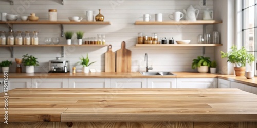 Empty wooden countertop in a modern kitchen with white cabinets and shelves