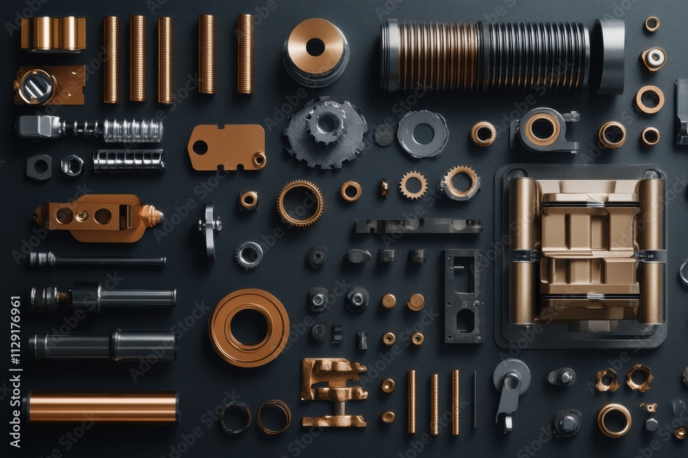 Various car engine components, including pistons, gears, and valves, are arranged on a dark surface, creating a visually appealing layout for design. Generative AI Various car engine components, including pistons, gears, and valves, are arranged on a dark surface, creating a visually appealing layout for design. Generative AI