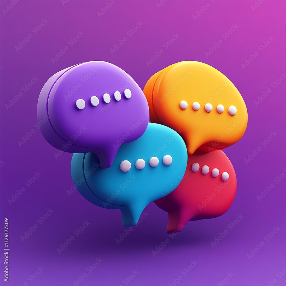 Colorful 3D Speech Bubbles on Purple Background Colorful 3D Speech Bubbles on Purple Background