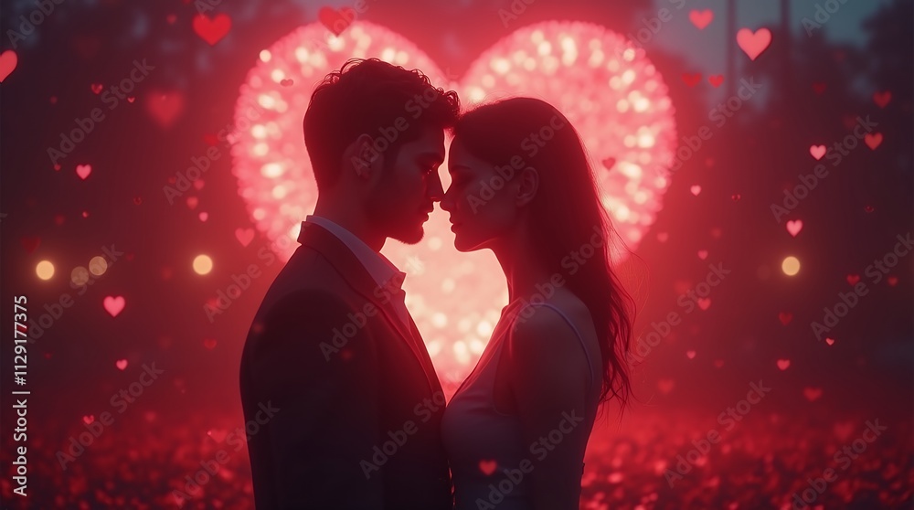 Romantic Valentine's Day Couple Silhouette Against a Heart-Shaped Firework Display