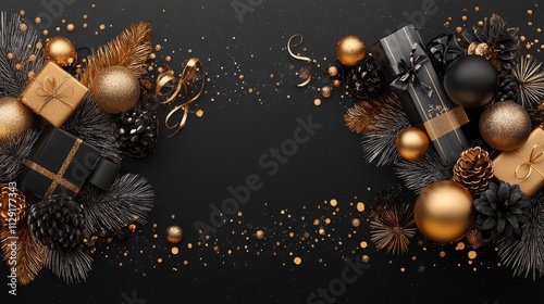 Elegant black and gold Christmas decorations with gifts, ornaments, and pine cones on a dark background, leaving space for text.