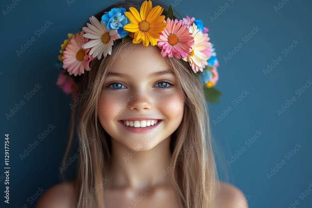 A young girl with bright blue eyes and long hair smiles warmly while wearing a colorful floral crown, showcasing innocence and joy against a vibrant backdrop. A young girl with bright blue eyes and long hair smiles warmly while wearing a colorful floral crown, showcasing innocence and joy against a vibrant backdrop.