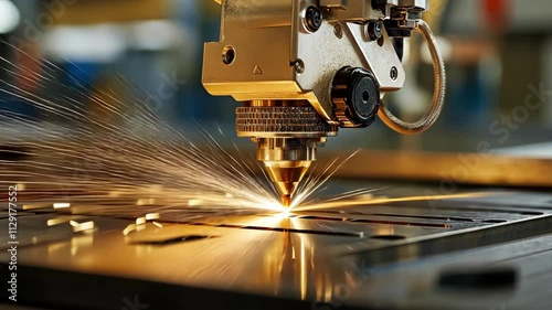 Industrial laser cutting machine with sparks flying, precision technology in operation, showcasing advanced manufacturing process in a workshop environment photo