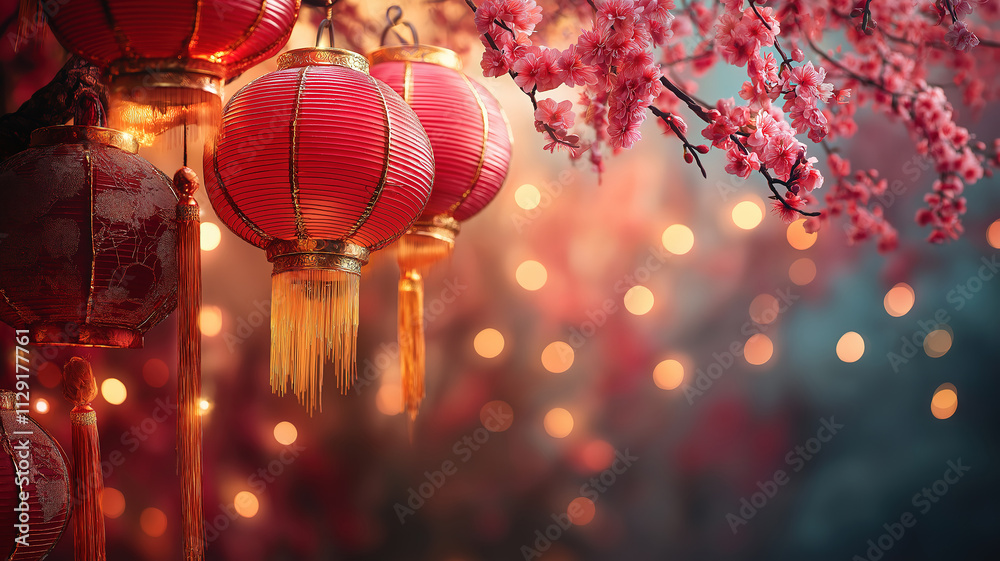 Obraz premium Dragon Zodiac Sign for Chinese New Year 2025 with Floral and Lantern Decorations