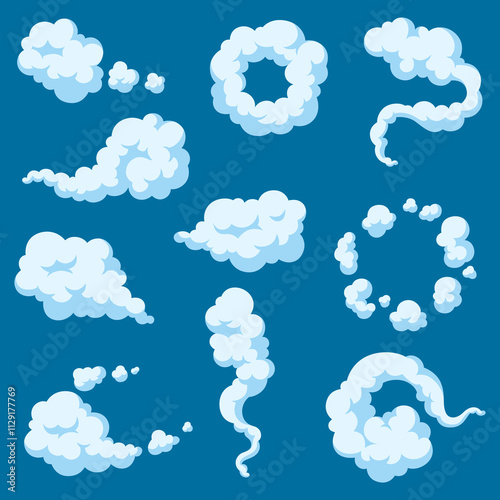 Set of cartoon of smoke. Comic images of steam, cloud or fog.