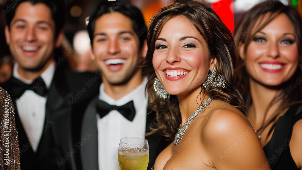 A joyful group of well-dressed people smiling and having fun at a lively New Year's Eve party.