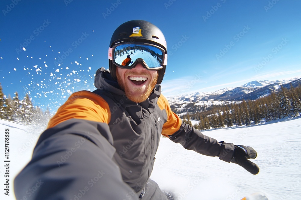 Happy snowboarder taking selfie on sunny mountain slope. Happy snowboarder taking selfie on sunny mountain slope.