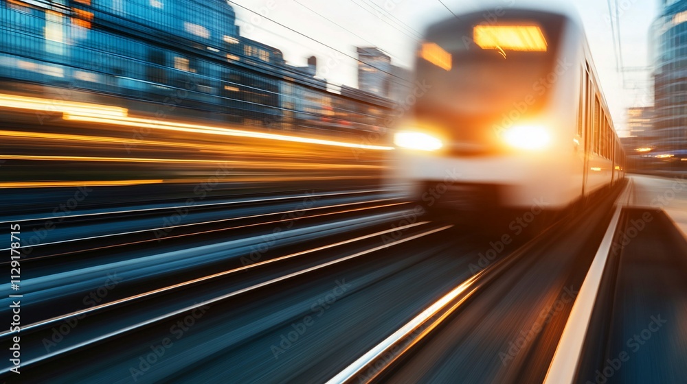 High-speed train speeding through city at sunset. High-speed train speeding through city at sunset.